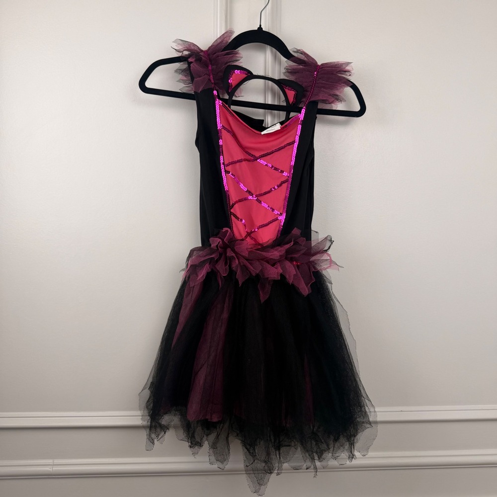 Kids Pink Black Sequin Tutu Cat Halloween Costume Dress Headband 10-12